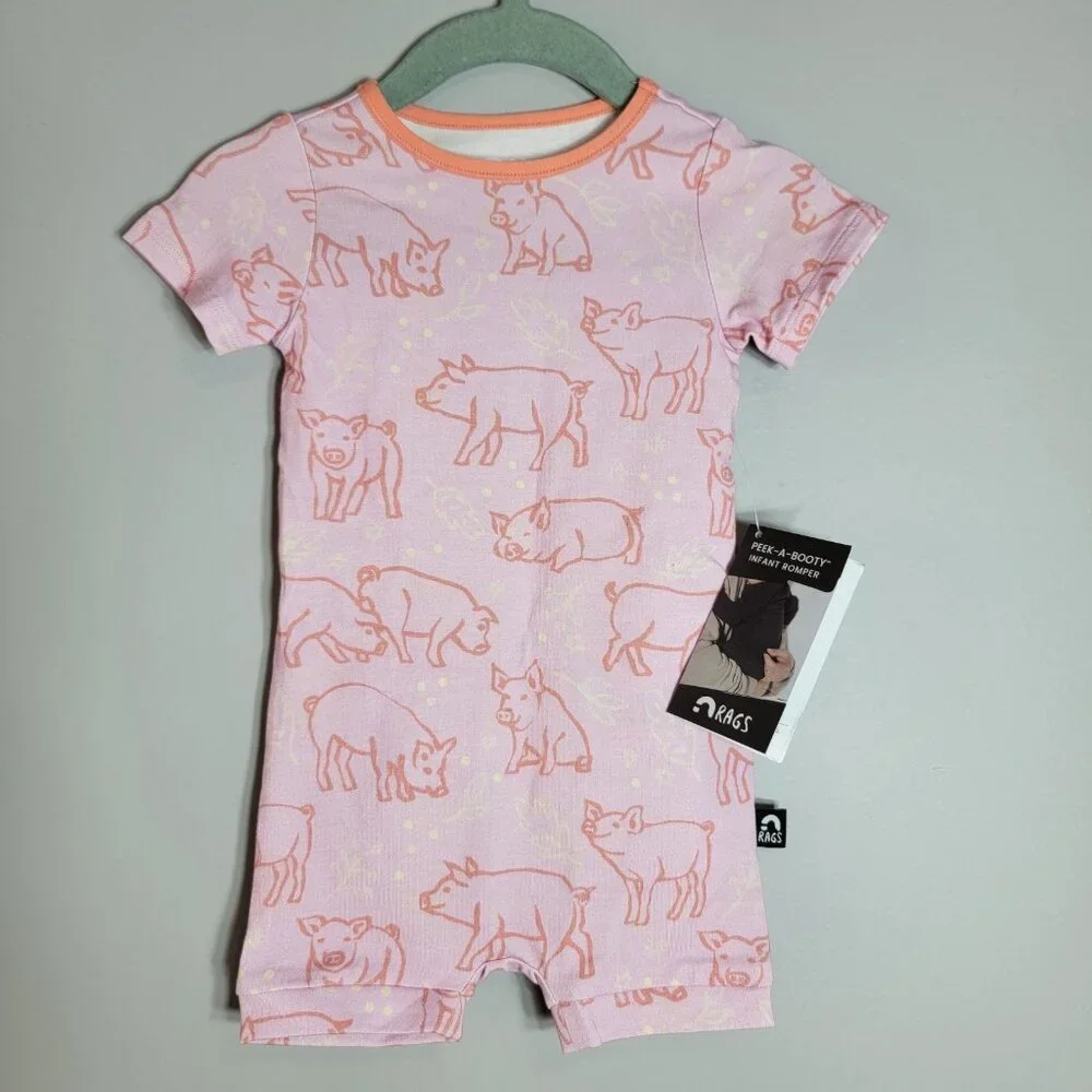 Rags Pigs‎ Peek A Booty Infant Romper 3-6m Cotton Modal Short Sleeve Pink